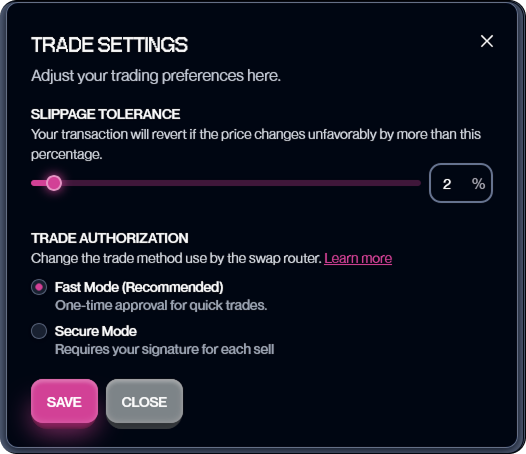 Swap interface trade settings popup